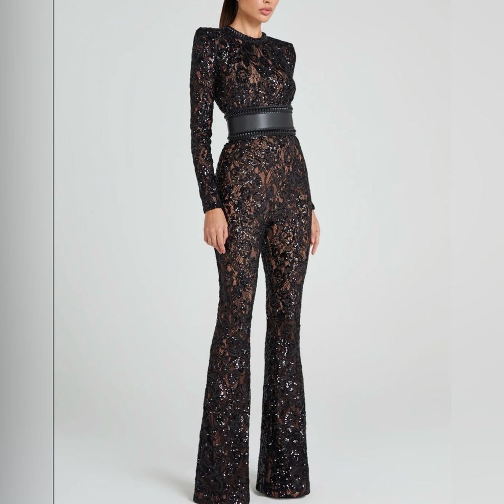 NADINE MERABI Bella Black Sequin
Lace Jumpsuit size Small